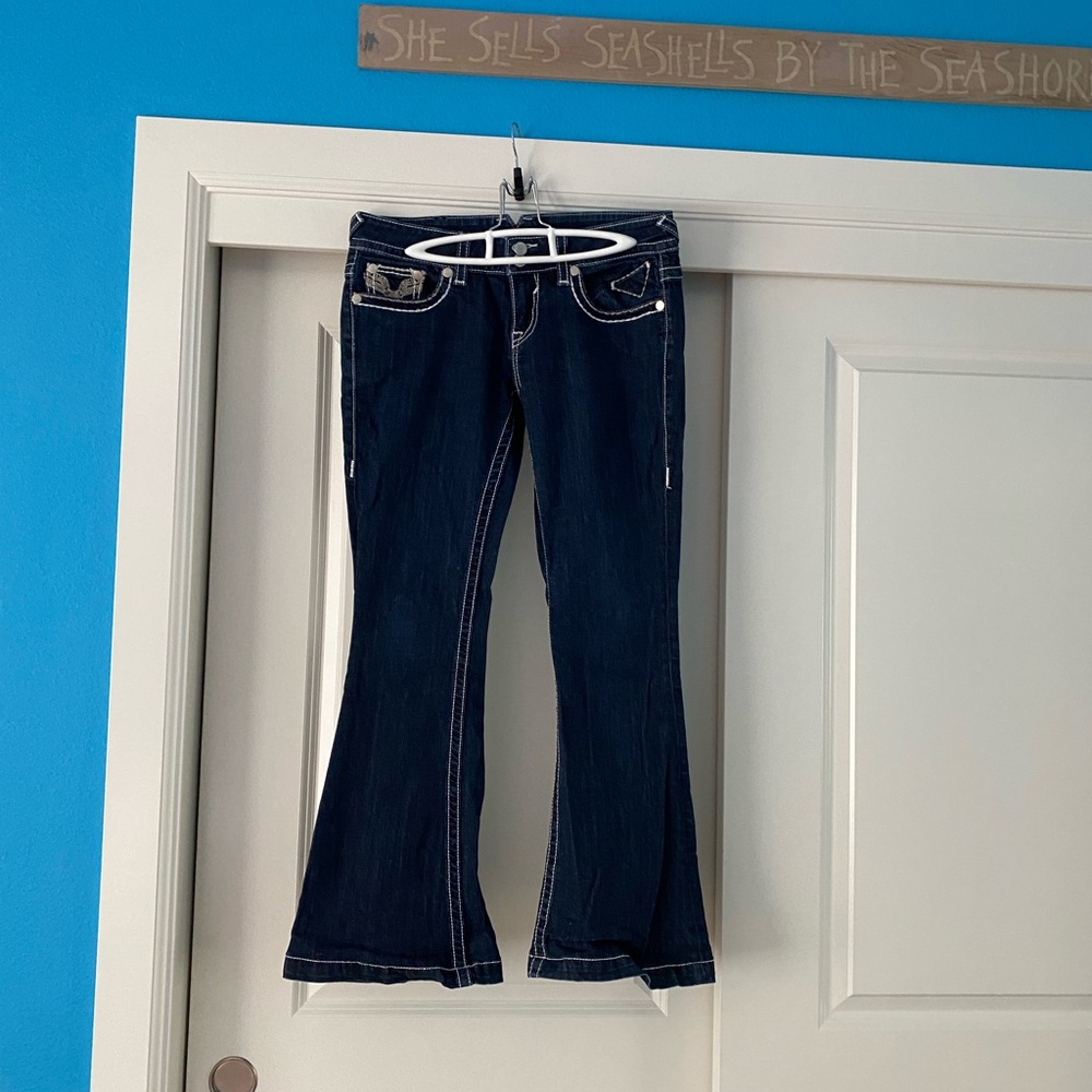 Womens Vigoss Chelsea Flare dark wash jeans.
